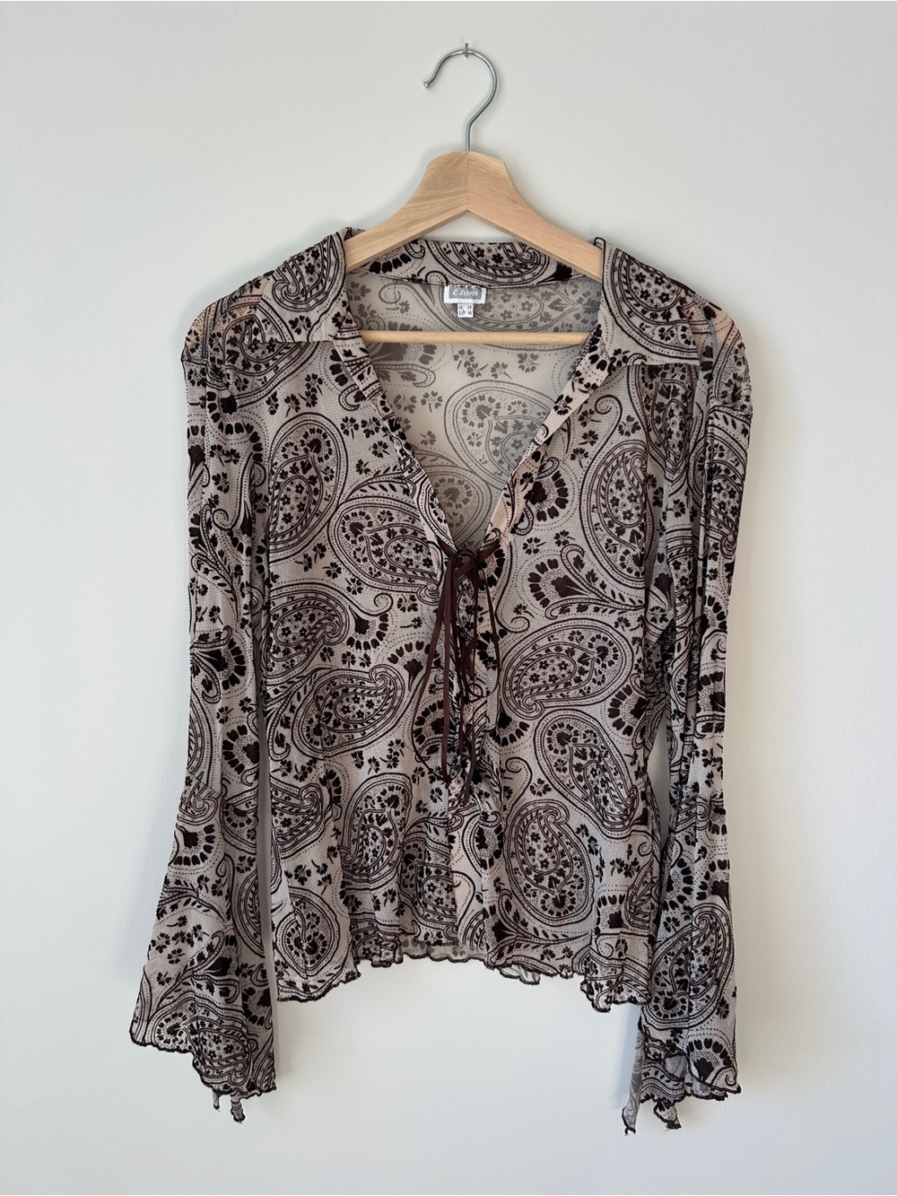 Sheer Paisley Tie-Front Blouse in Taupe and Brown